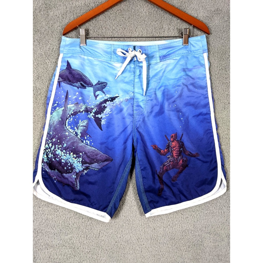 Marvel Deadpool Sharks Swim Board Shorts Mens M Blue Graphic Print Beach Surfer